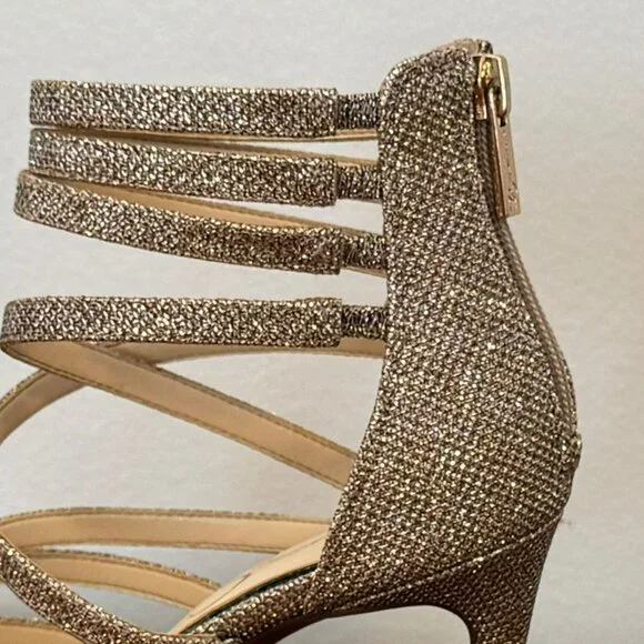 NWOT Jessica Simpson Palkaya Gold Glitter Strappy Stiletto Heel Sandals  4.25" - Picture 6 of 9